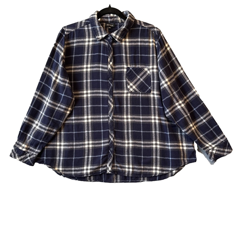 Well Worn XXL Flannel Shirt Blue Plaid Cotton Viscose Blend Grunge Shacket